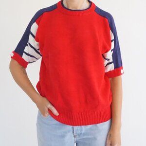Vintage Le Moda Red Navy Striped Short Sleeve Colorblock Preppy Knit Sweater L